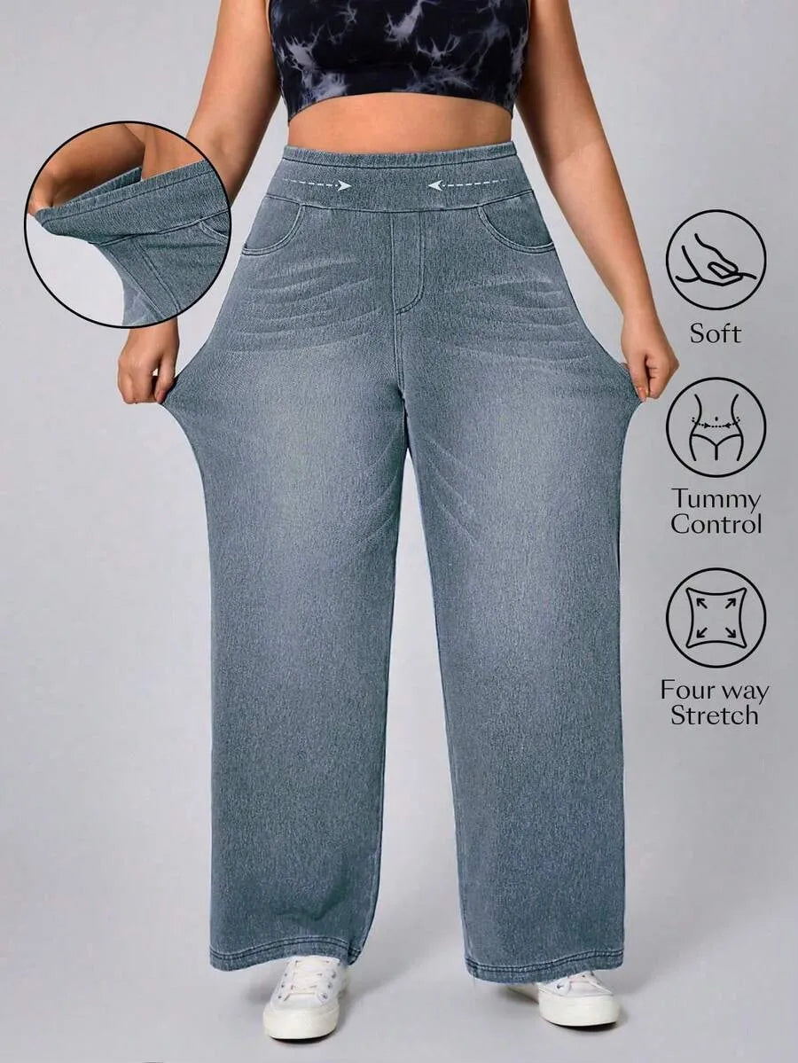 SHEIN Flexra جينز دينم مرن بخصر عالٍ وقصة مستقيمة بلون أزرق ضبابي