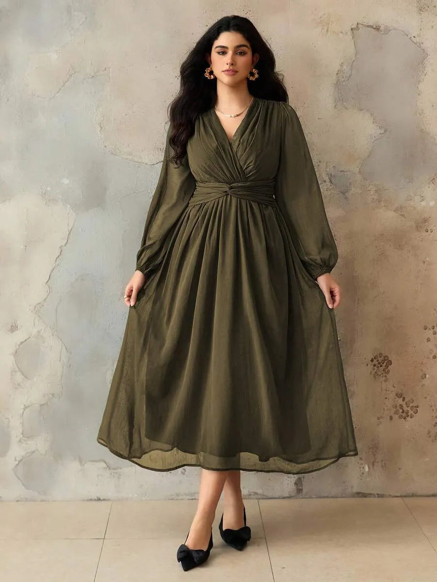 SHEIN Roveilla فستان نسائي بياقة وتفاصيل كشكش وخصر ملتف بلون أخضر عسكري