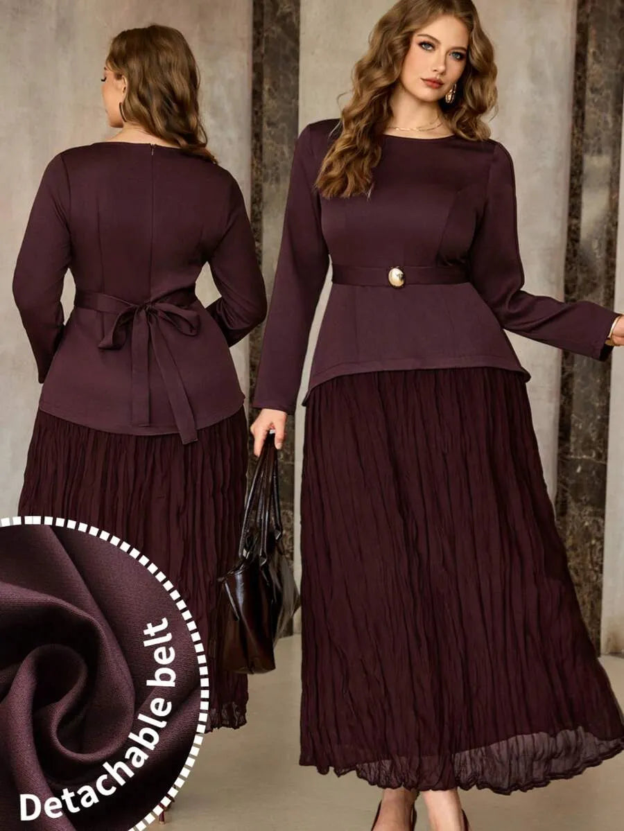 SHEIN Roveilla فستان نسائي طويل بأكمام طويلة وخصر مطوي مع حزام بلون كستنائي