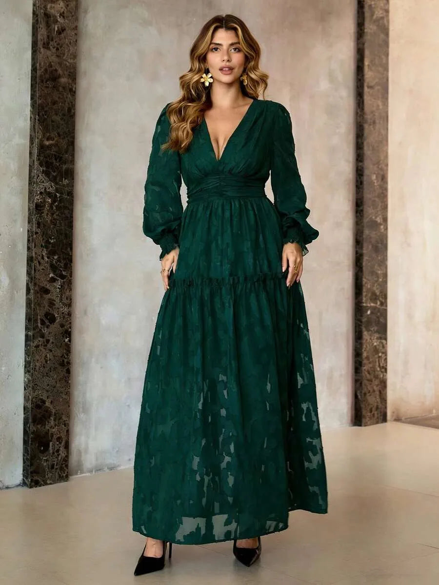 SHEIN Roveilla فستان طويل بياقة عميقة وأكمام واسعة وشفافة جزئيًا بلون أخضر داكن