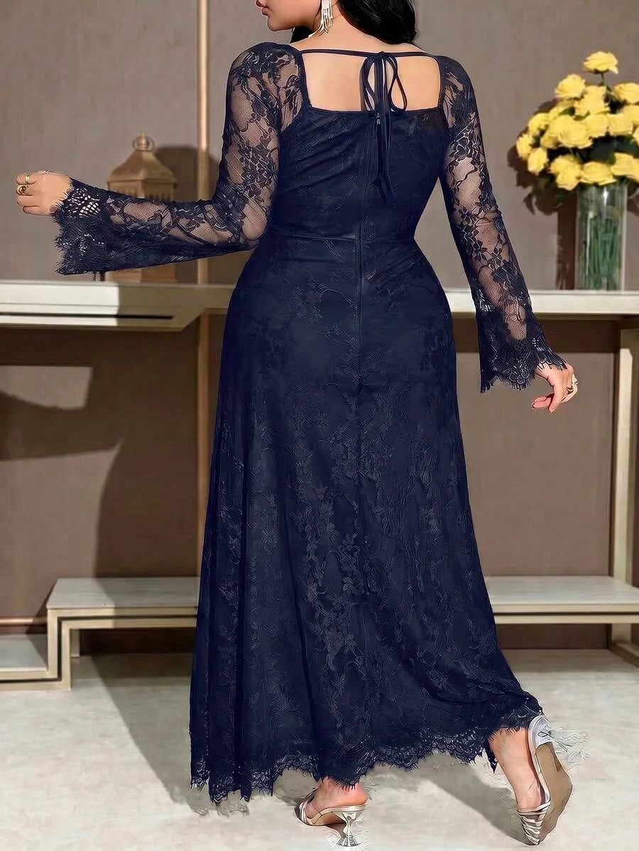 SHEIN Feyla فستان نسائي من الدانتيل بياقة وأكمام طويلة بلون أزرق بحري
