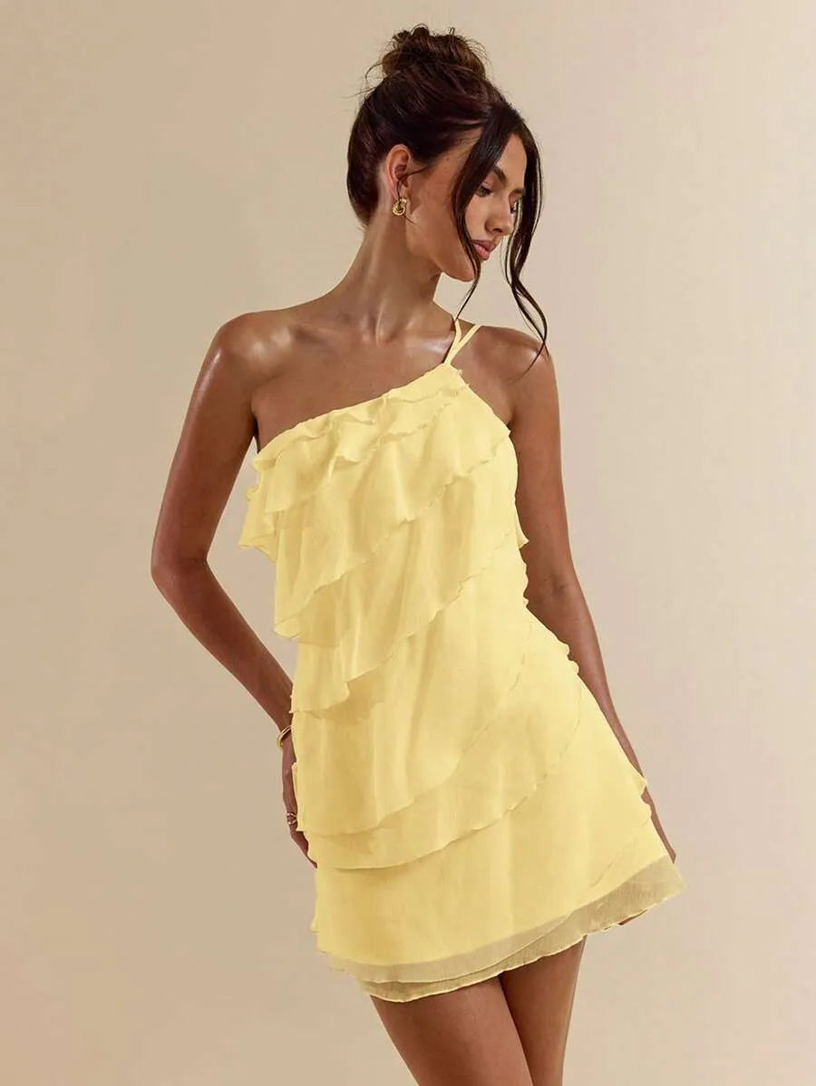 SHEIN BAE فستان بلون أصفر ميني بطبقات متعددة وبظهر مكشوف
