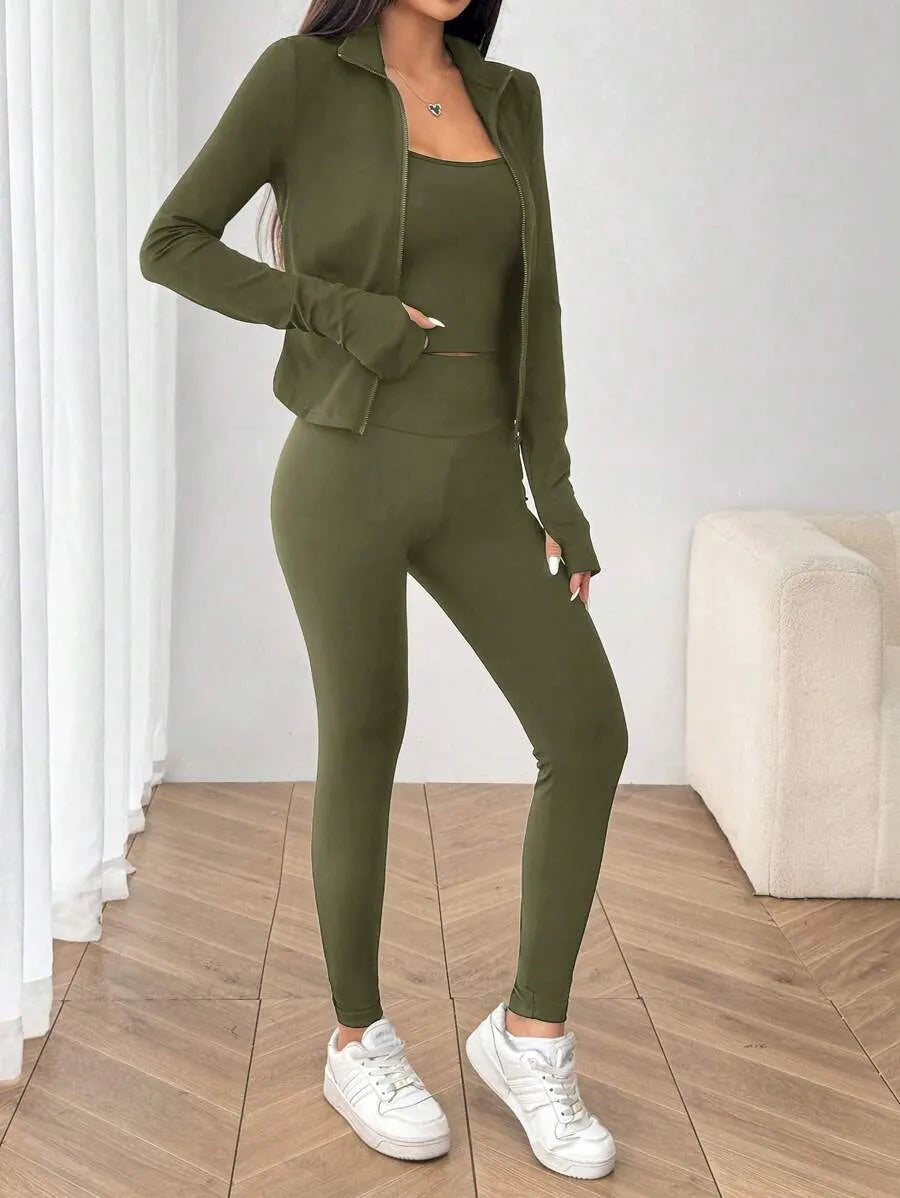 SHEIN EZwear طقم رياضي نسائي 3 قطع جاكيت بسحاب وتوب قصير وليجنز بلون أخضر عسكري