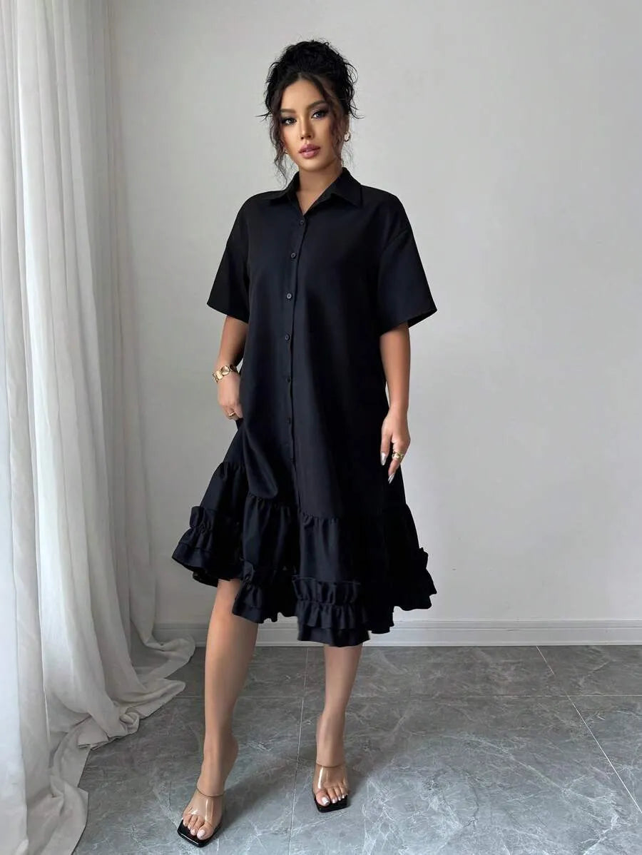 SHEIN Raffinéa فستان ميدي بياقة وأكمام نصفية وذيل بكشكش بلون الأسود