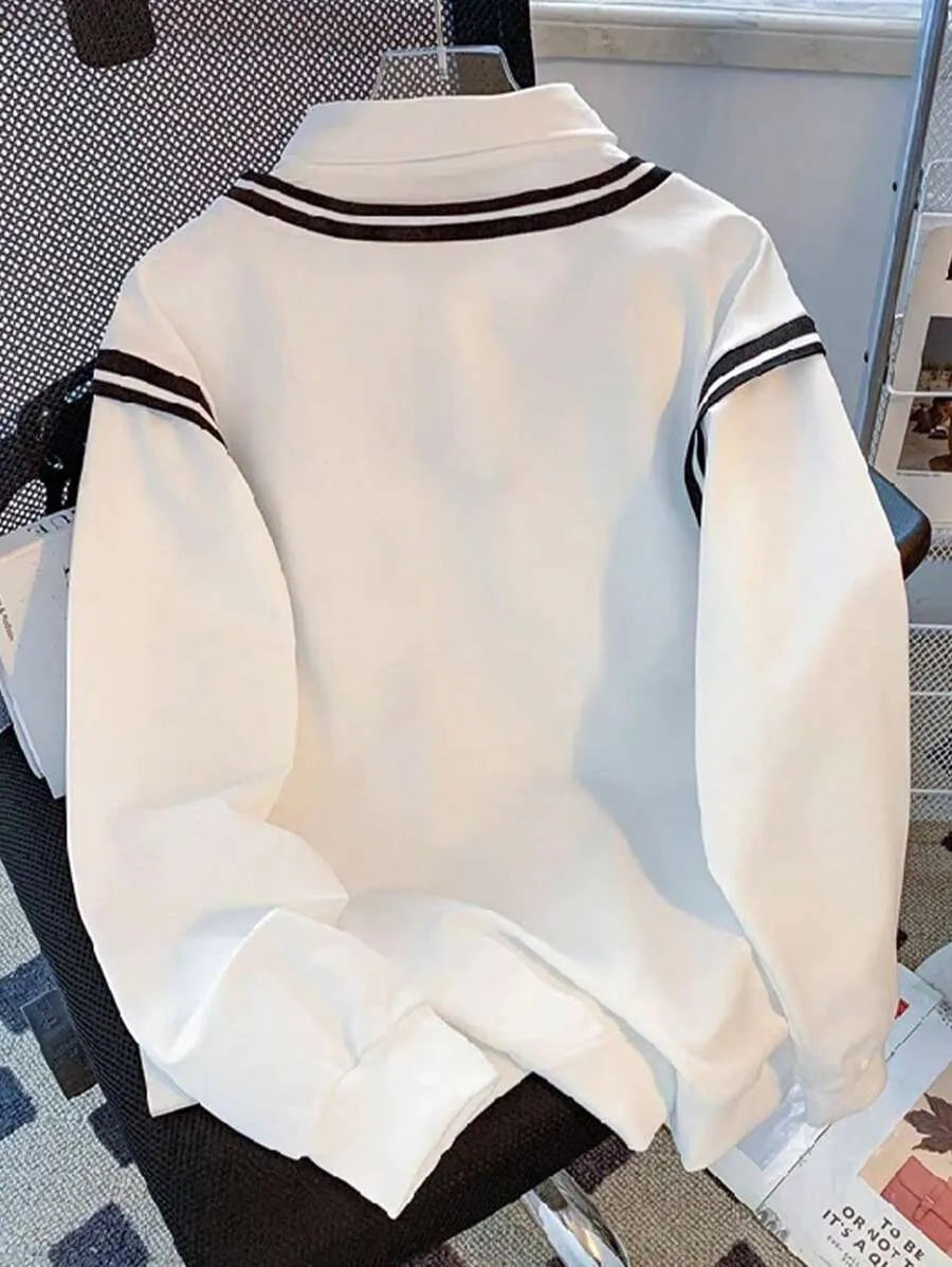 SHEIN Resyla بلوزة نسائية فضفاضة بياقة بولو وفيونكة وخطوط بلون أبيض