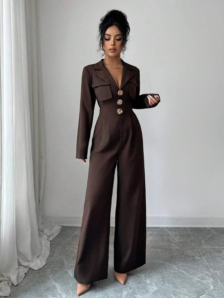 SHEIN Elenzya جمبسوت نسائي بياقة وأزرار أمامية وجيوب بلون بني