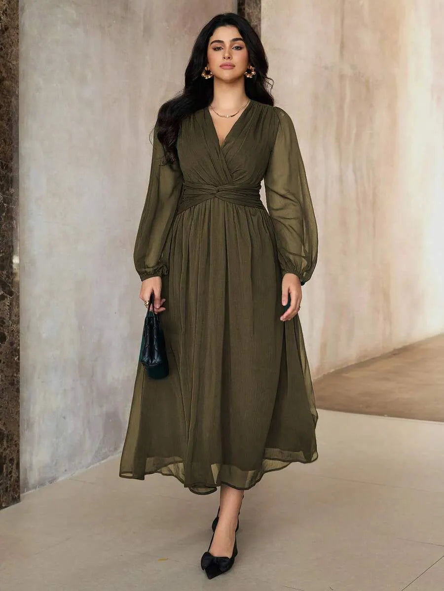 SHEIN Roveilla فستان نسائي بياقة وتفاصيل كشكش وخصر ملتف بلون أخضر عسكري