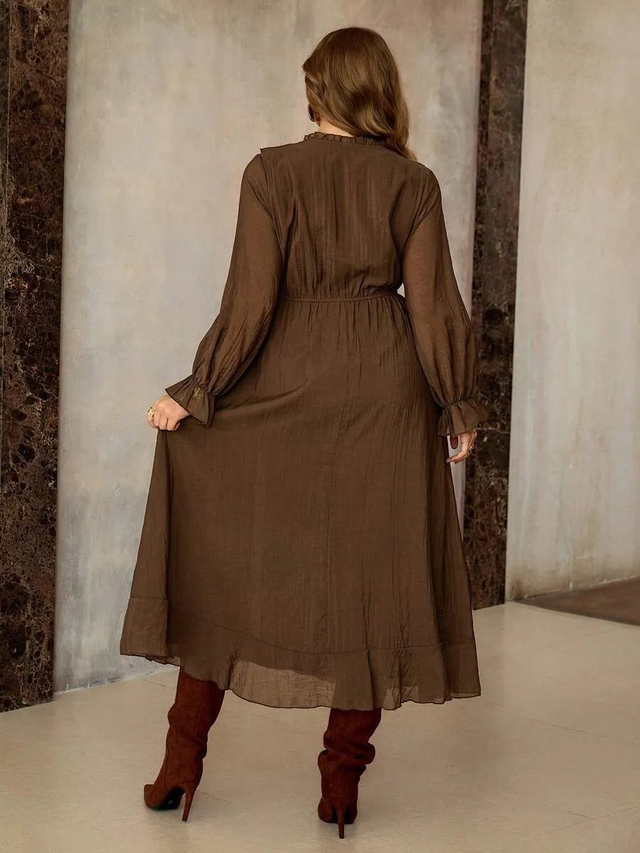 SHEIN Roveilla فستان نسائي بياقة وخصر برباط بلون بني