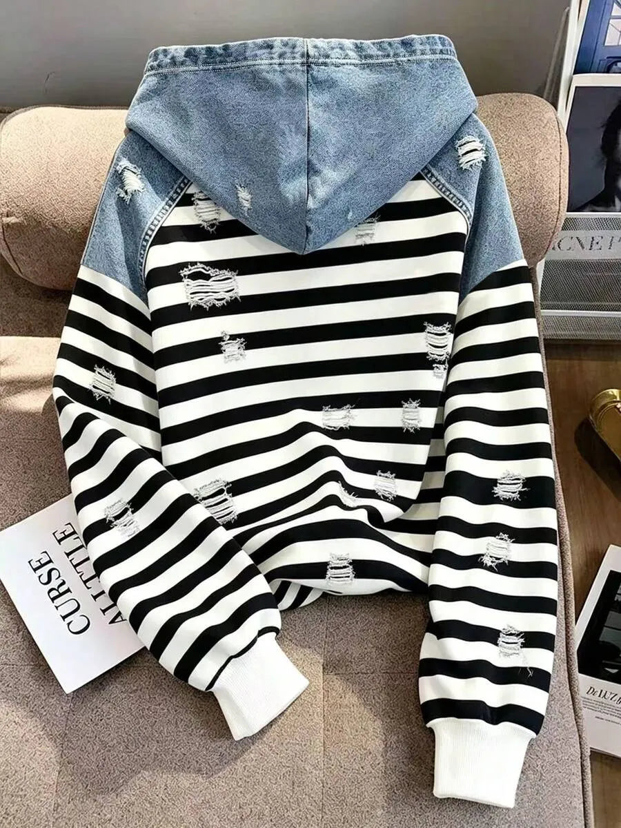 SHEIN Resyla هودي نسائي فضفاض مخطط ومزين بكتل لونية متعدد الألوان
