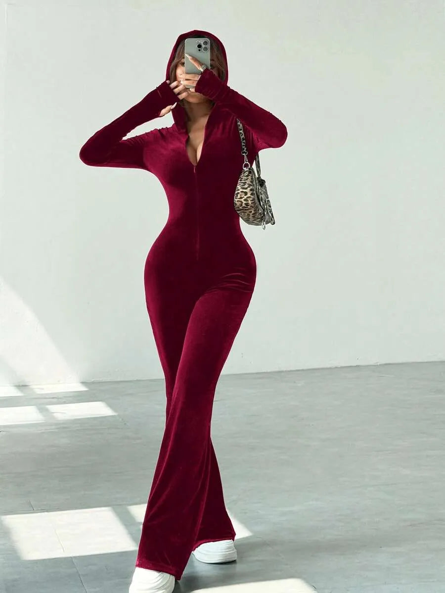 SHEIN EZwear بدلة رياضية نسائية من الشمواه بياقة وسحاب بلون عنابي