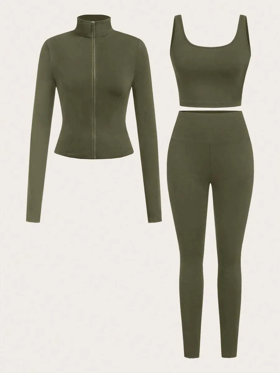 SHEIN EZwear طقم رياضي نسائي 3 قطع جاكيت بسحاب وتوب قصير وليجنز بلون أخضر عسكري