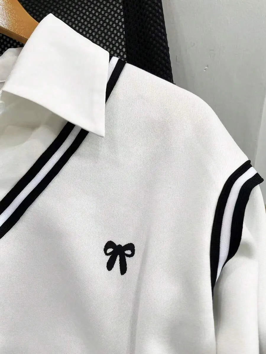SHEIN Resyla بلوزة نسائية فضفاضة بياقة بولو وفيونكة وخطوط بلون أبيض