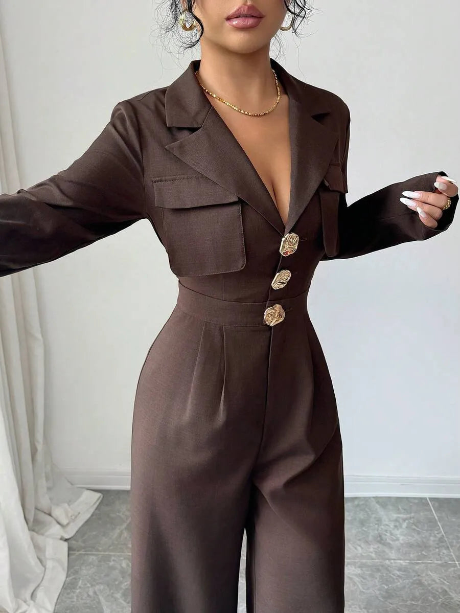 SHEIN Elenzya جمبسوت نسائي بياقة وأزرار أمامية وجيوب بلون بني