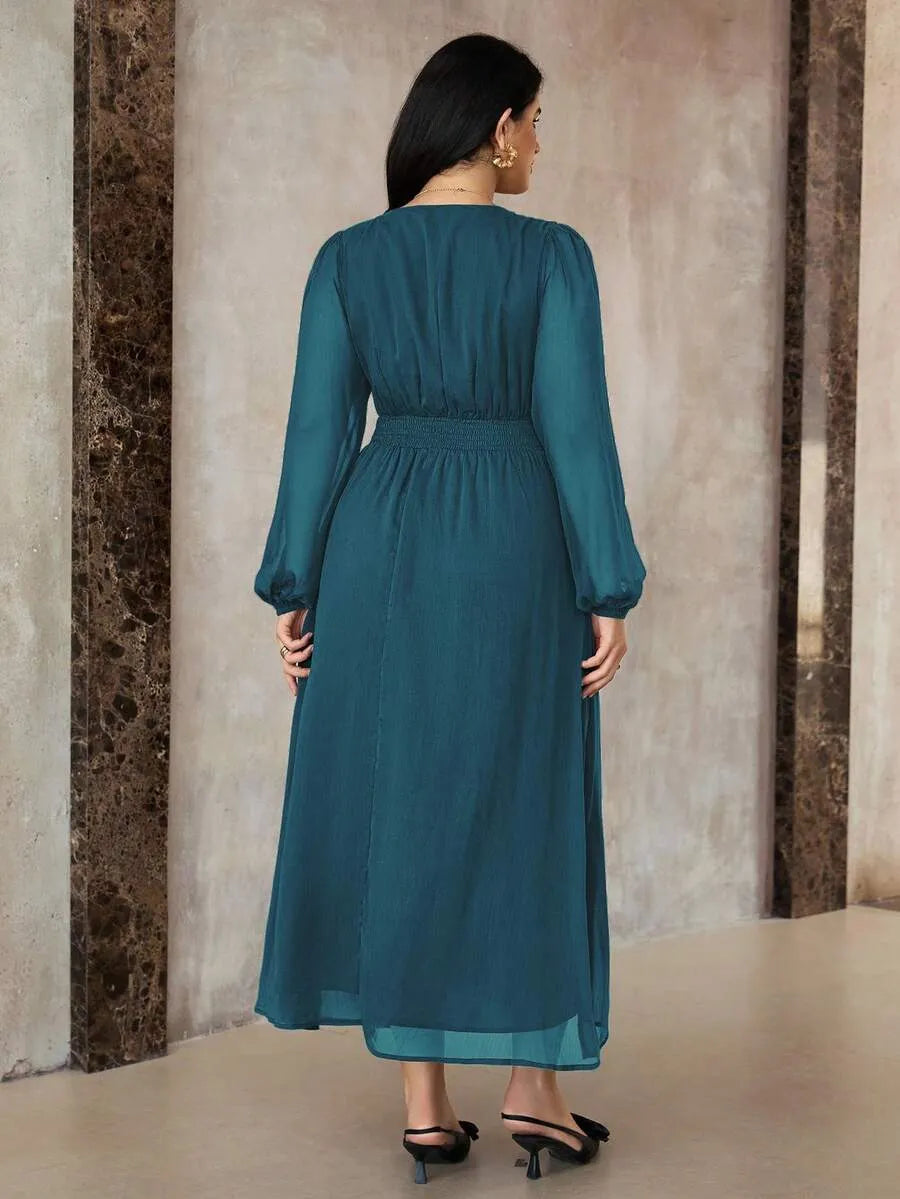 SHEIN Roveilla فستان نسائي بياقة وخصر مجعد وأكمام فانوس بلون أزرق مخضر