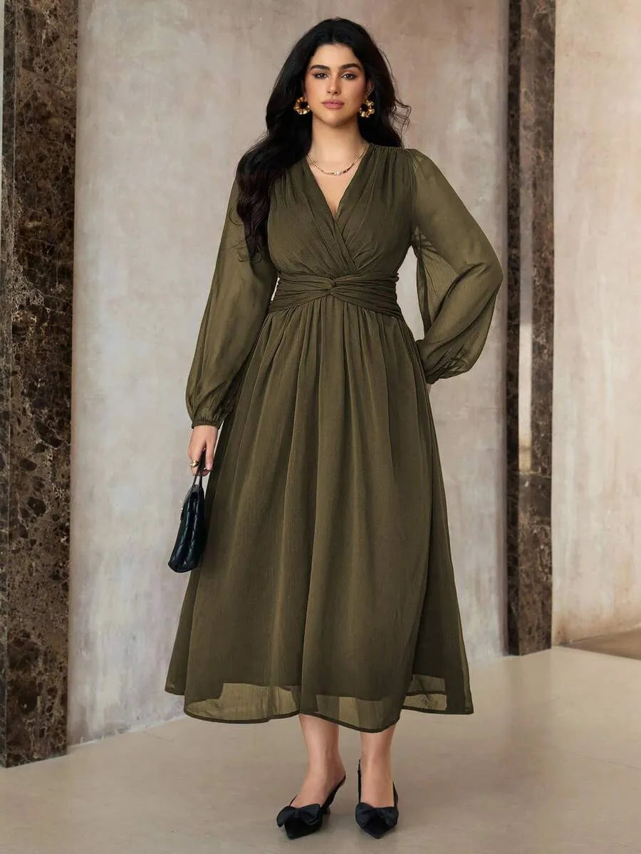 SHEIN Roveilla فستان نسائي بياقة وتفاصيل كشكش وخصر ملتف بلون أخضر عسكري