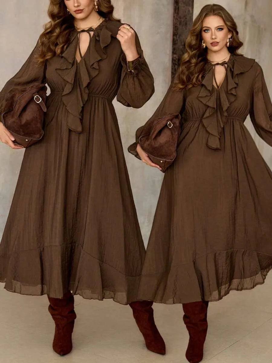 SHEIN Roveilla فستان نسائي بياقة وخصر برباط بلون بني