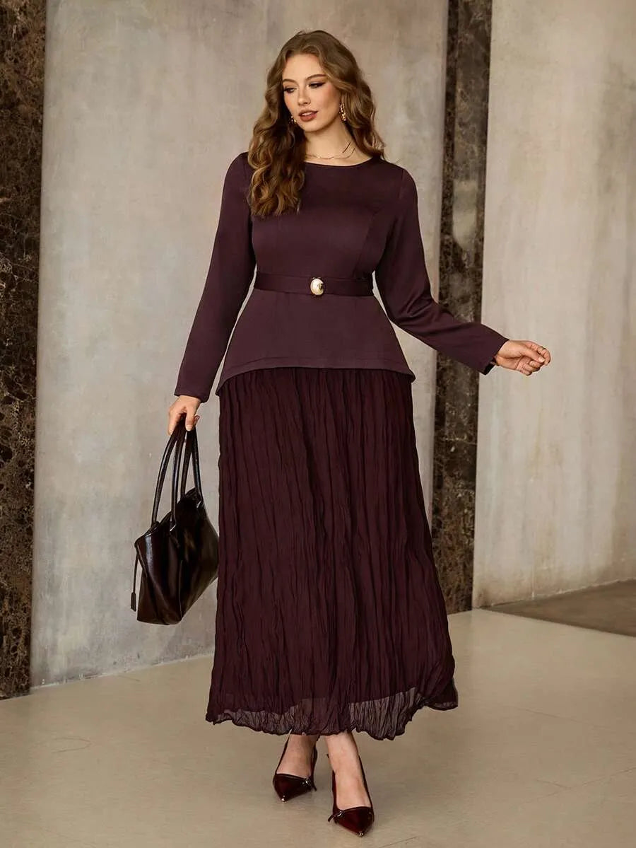 SHEIN Roveilla فستان نسائي طويل بأكمام طويلة وخصر مطوي مع حزام بلون كستنائي