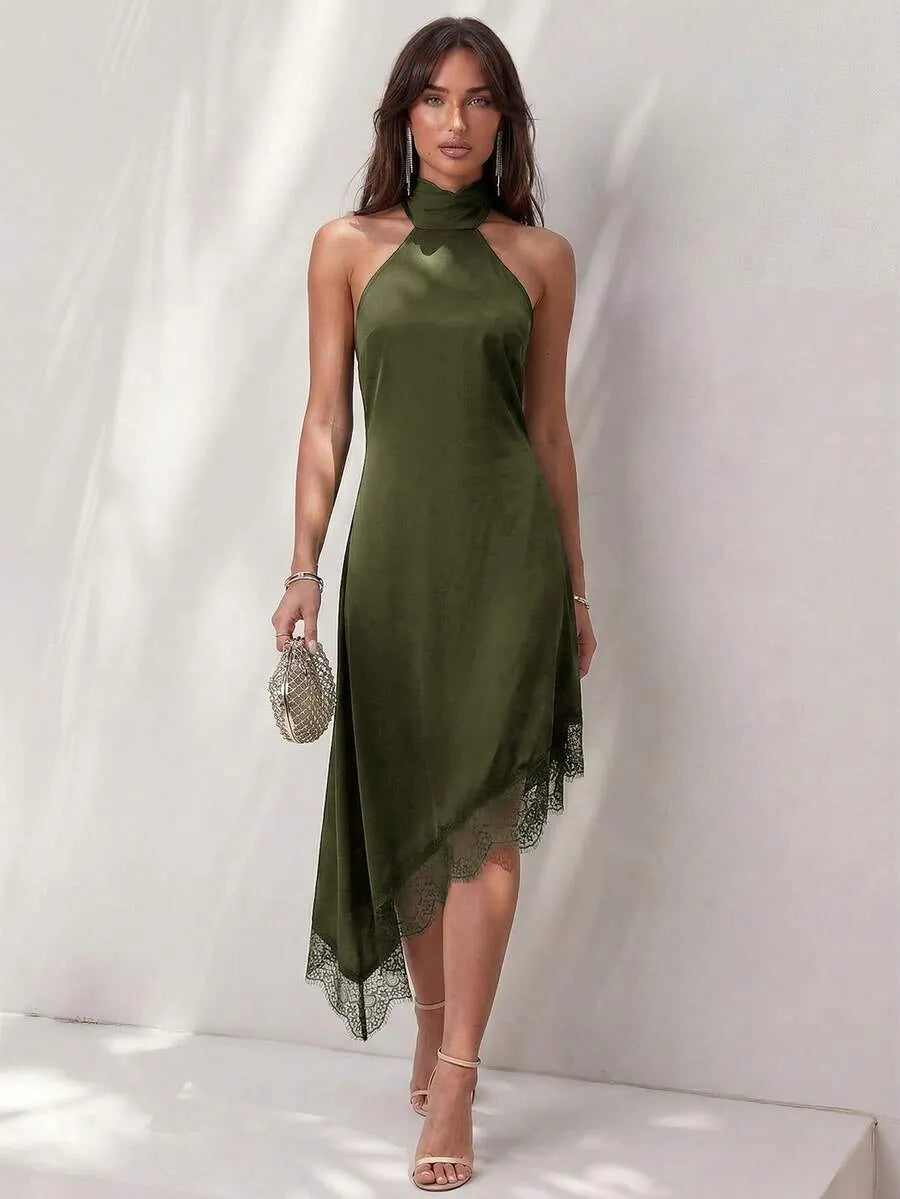 SHEIN Glamine فستان ميني بلون أخضر داكن ساتان ودانتيل بياقة رسن وفيونكة خلفية