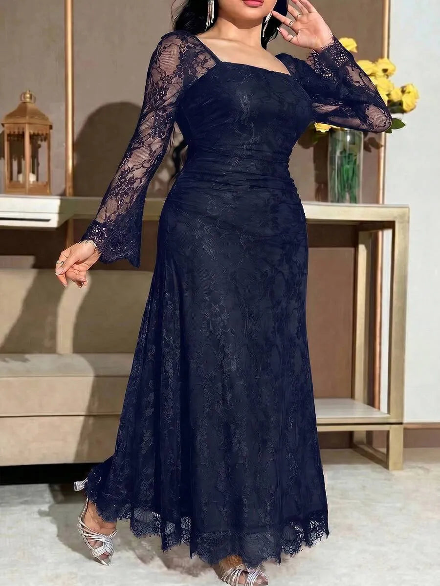 SHEIN Feyla فستان نسائي من الدانتيل بياقة وأكمام طويلة بلون أزرق بحري