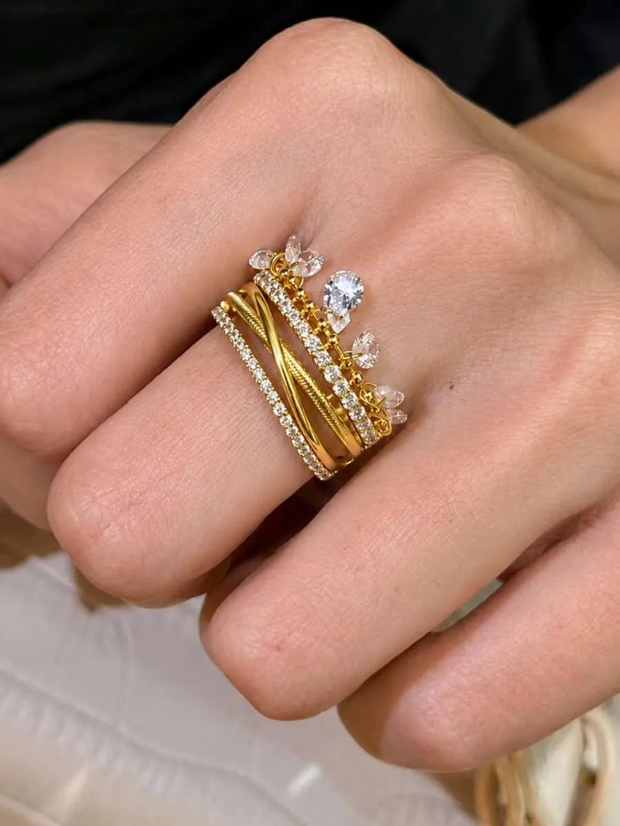 SHEIN خاتم نسائي متعدد الطبقات مزين بالزركونيا وشرابة ومتعدد الألوان
