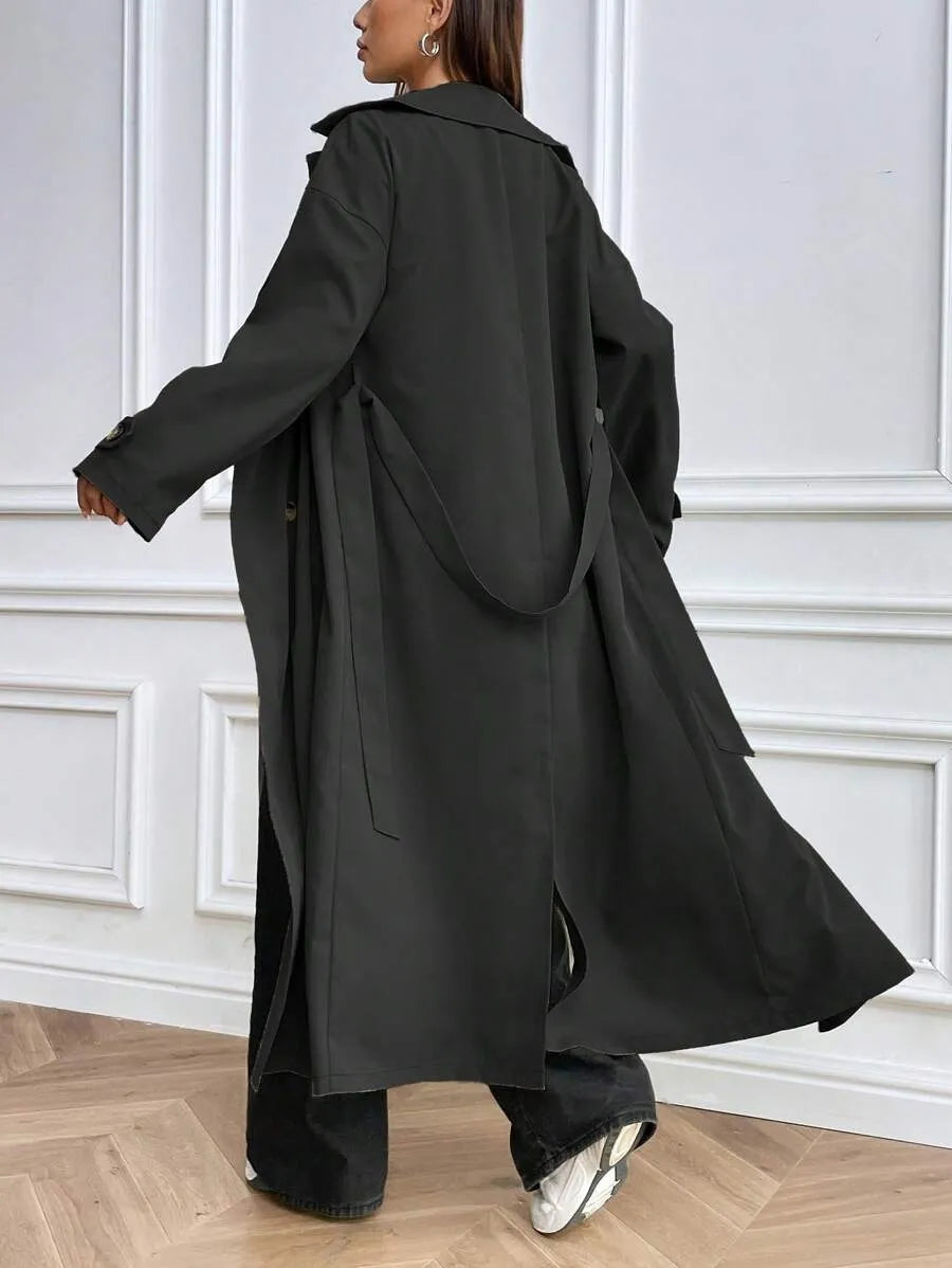 SHEIN معطف ميدي فضفاض مزدوج الصدر بياقة كلاسيكية وجيوب بلون أسود