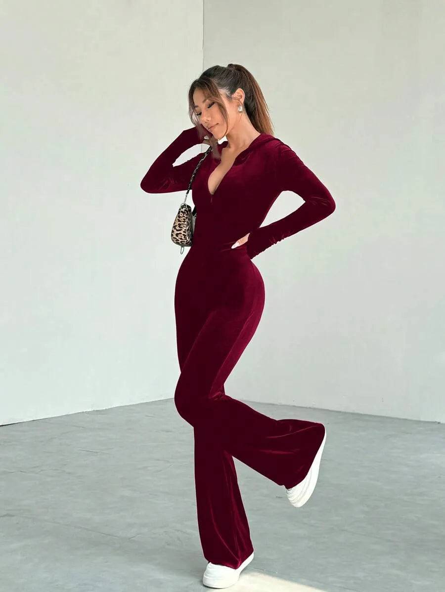 SHEIN EZwear بدلة رياضية نسائية من الشمواه بياقة وسحاب بلون عنابي