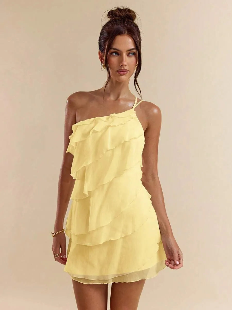 SHEIN BAE فستان بلون أصفر ميني بطبقات متعددة وبظهر مكشوف