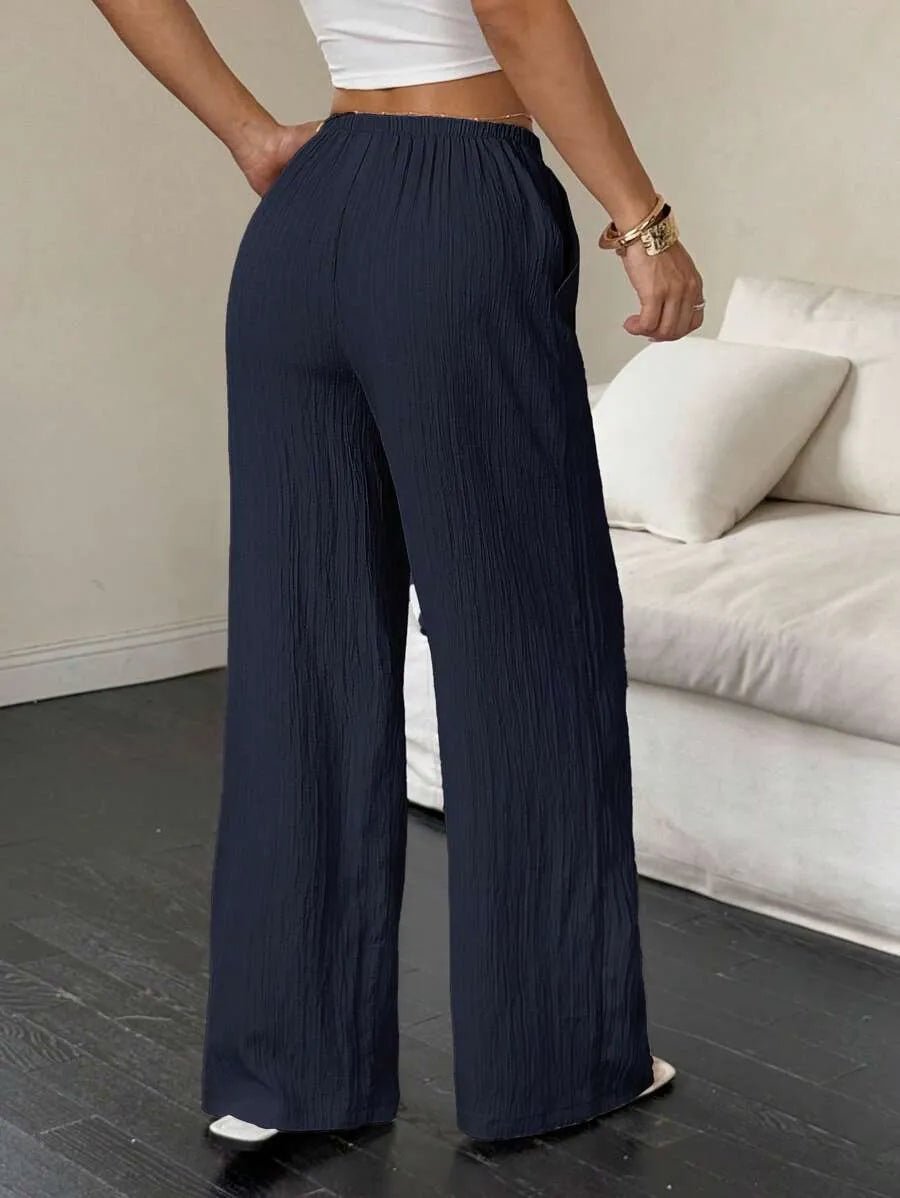 SHEIN Flirla بنطال نسائي فضفاض واسع بخصر منخفض بلون أزرق بحري