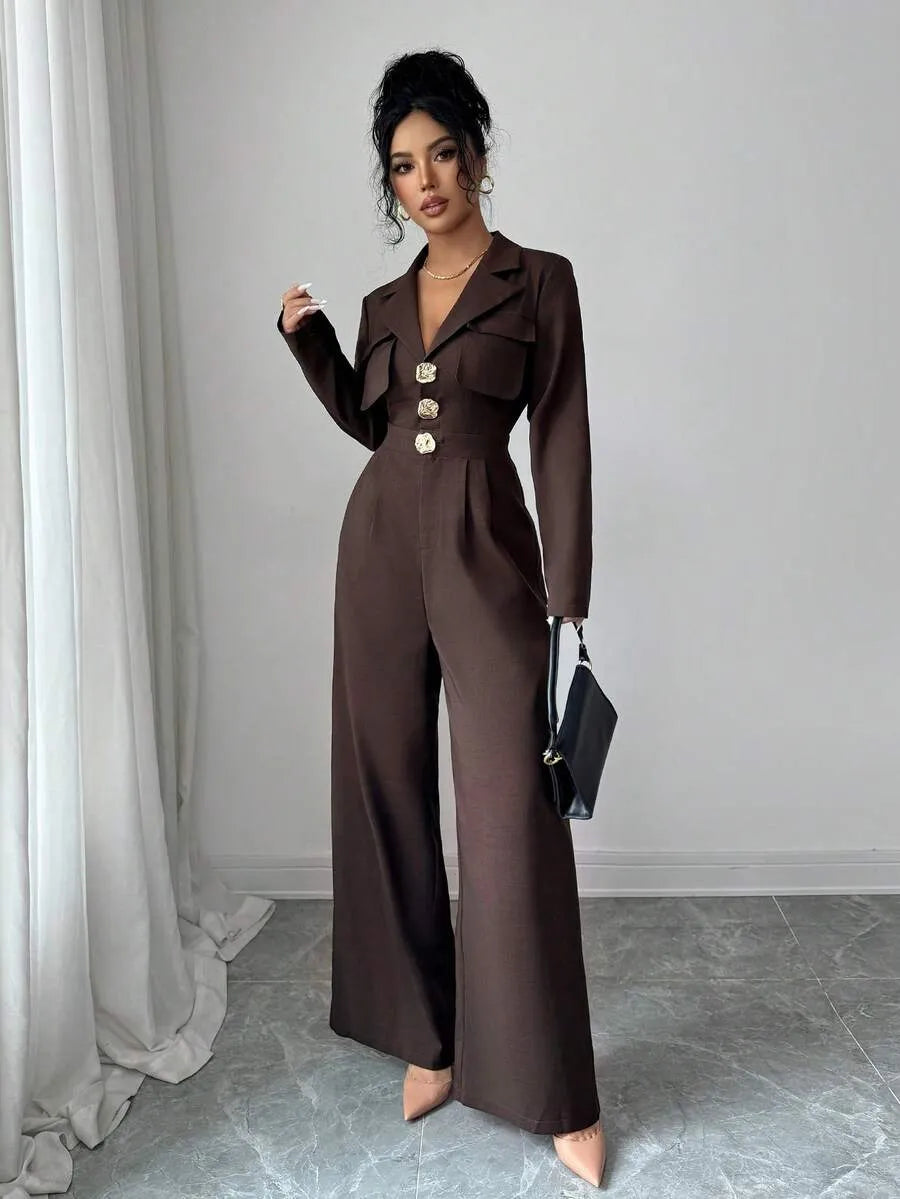 SHEIN Elenzya جمبسوت نسائي بياقة وأزرار أمامية وجيوب بلون بني