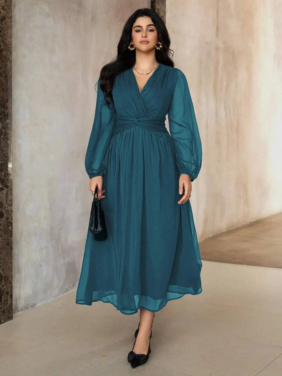 SHEIN Roveilla فستان نسائي بياقة وخصر مجعد وأكمام فانوس بلون أزرق مخضر