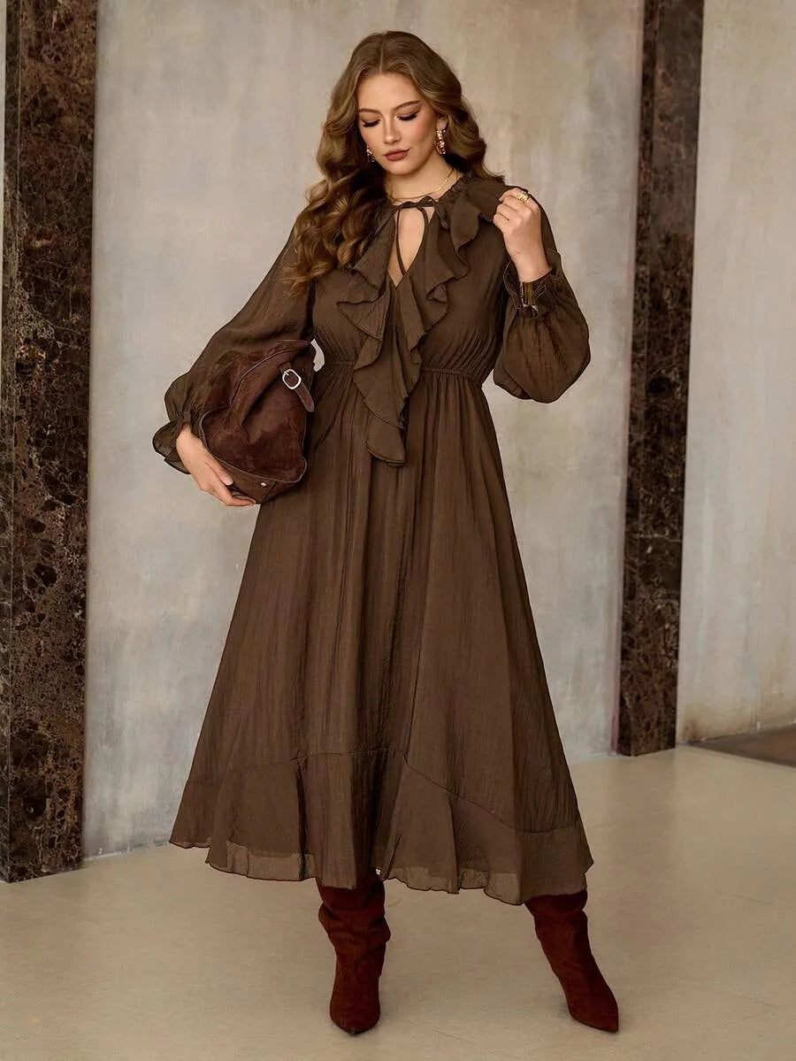SHEIN Roveilla فستان نسائي بياقة وخصر برباط بلون بني