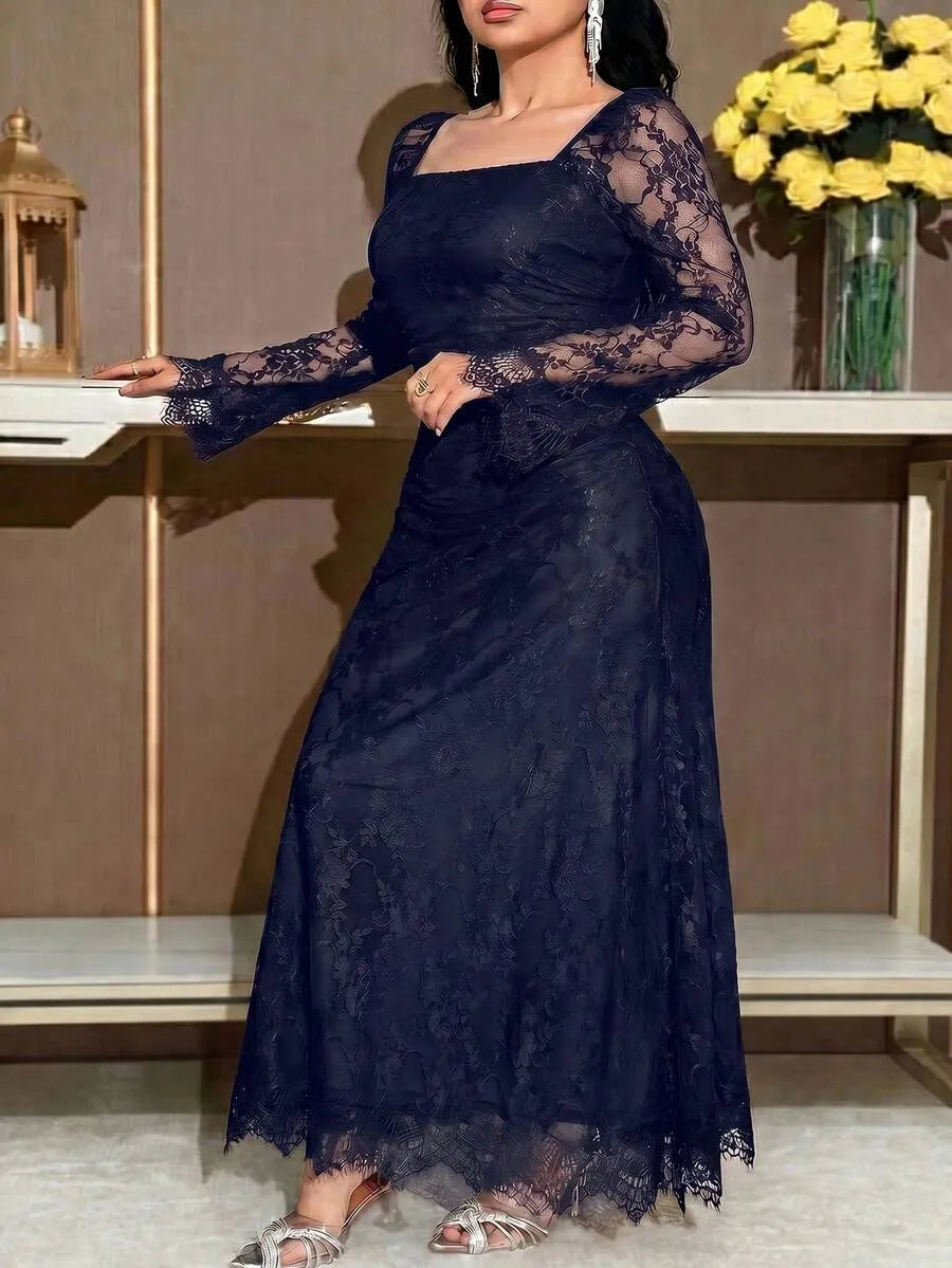 SHEIN Feyla فستان نسائي من الدانتيل بياقة وأكمام طويلة بلون أزرق بحري