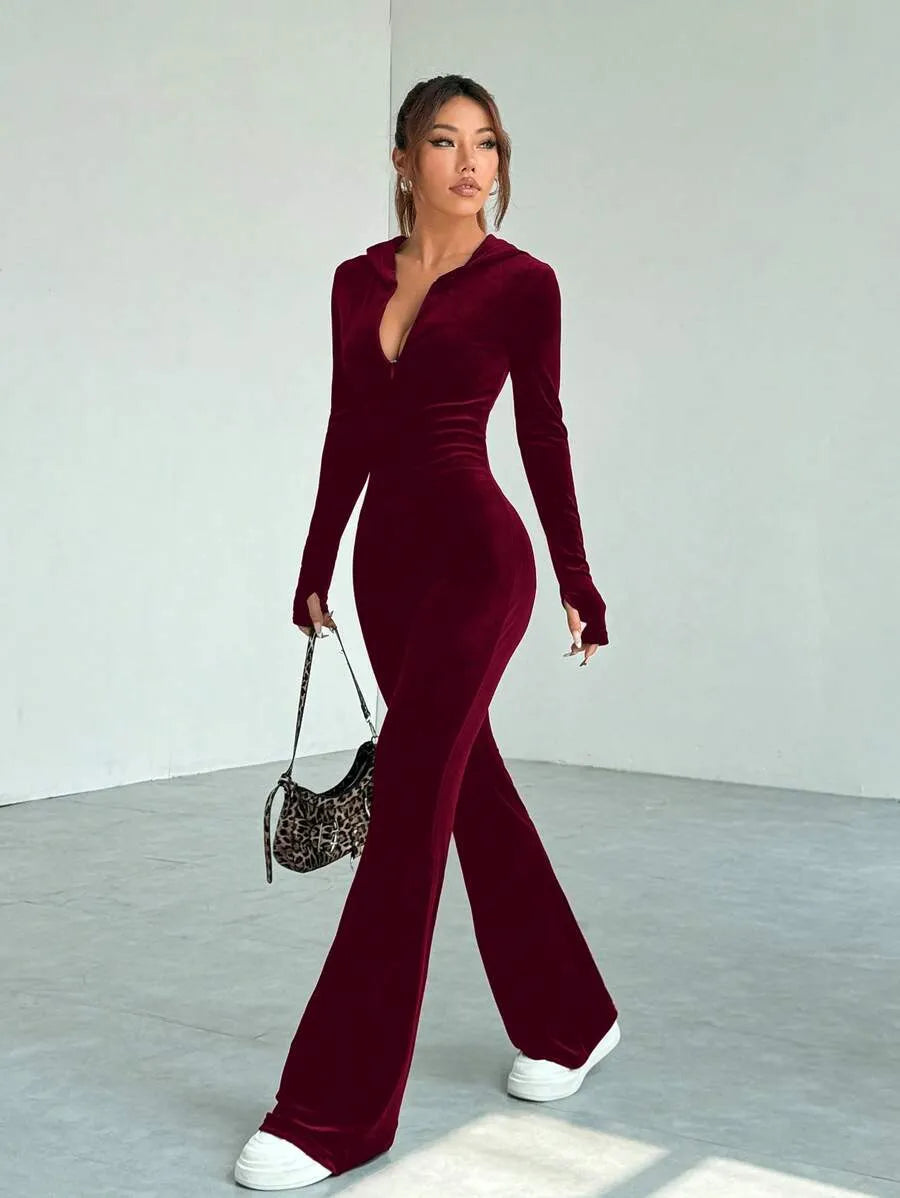SHEIN EZwear بدلة رياضية نسائية من الشمواه بياقة وسحاب بلون عنابي