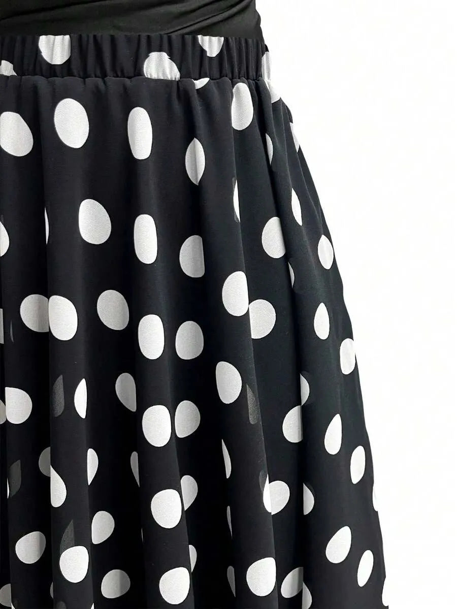 SHEIN طقم نسائي قطعتين بلوزة طويلة الأكمام وتنورة طويلة بنقشة نقاط بلون أبيض وأسود