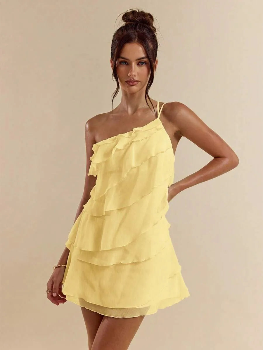 SHEIN BAE فستان بلون أصفر ميني بطبقات متعددة وبظهر مكشوف