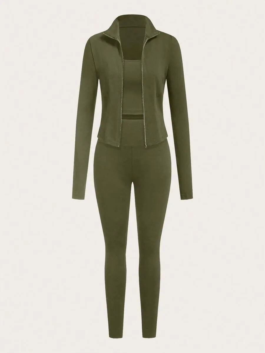 SHEIN EZwear طقم رياضي نسائي 3 قطع جاكيت بسحاب وتوب قصير وليجنز بلون أخضر عسكري