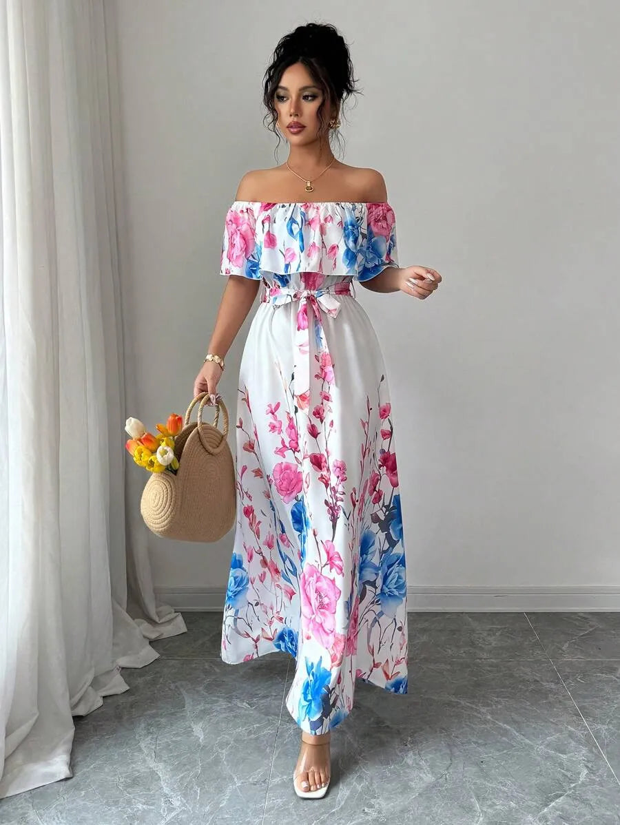 SHEIN Elenzga فستان ماكسي مكشوف الكتفين بأكمام واسعة وخصر مرتفع بنقشة زهور بلون وردي