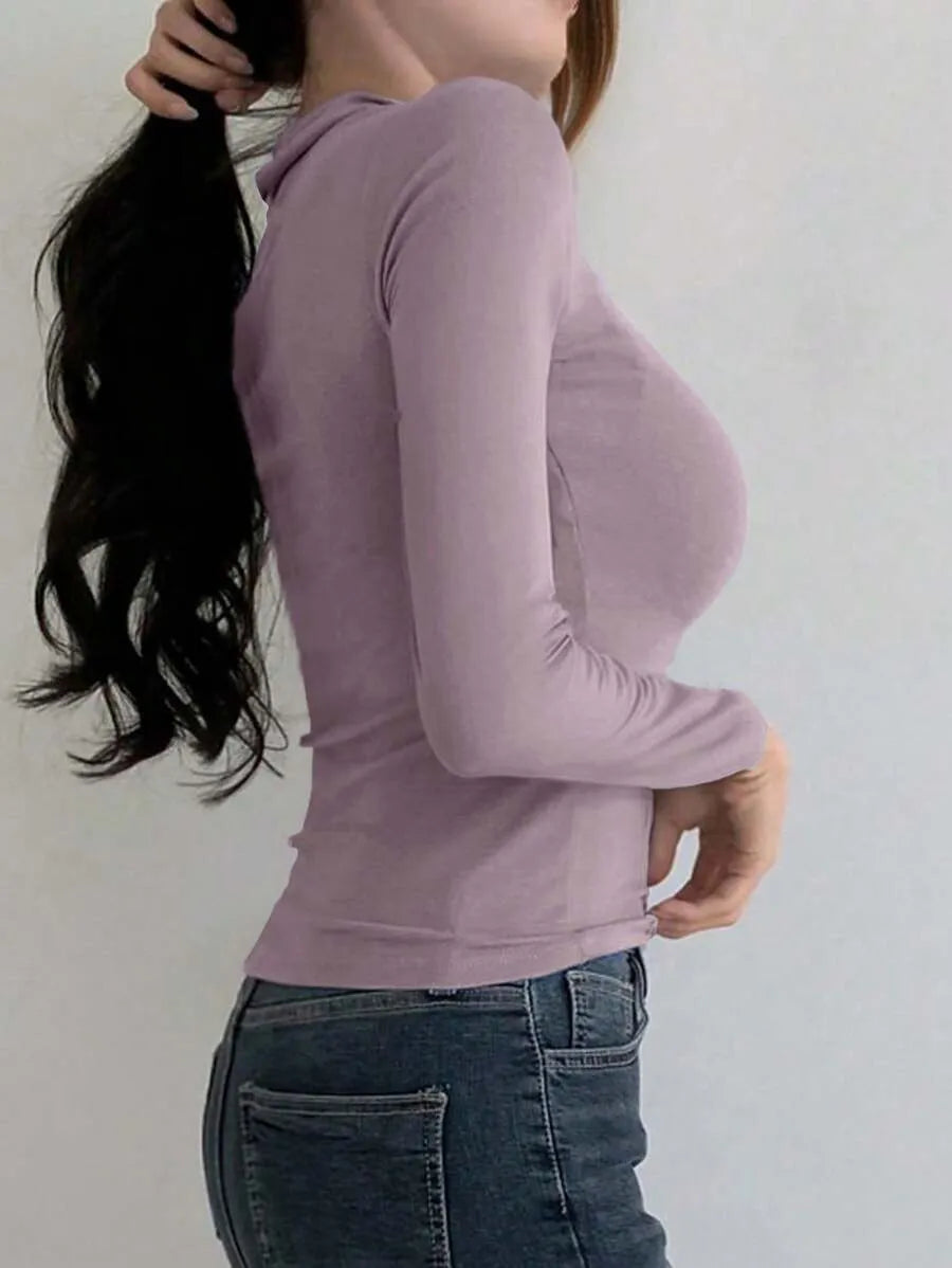 SHEIN DAZY قميص بولو نسائي ضيق محبوك بياقة وأكمام قصيرة بلون أرجواني فاتح