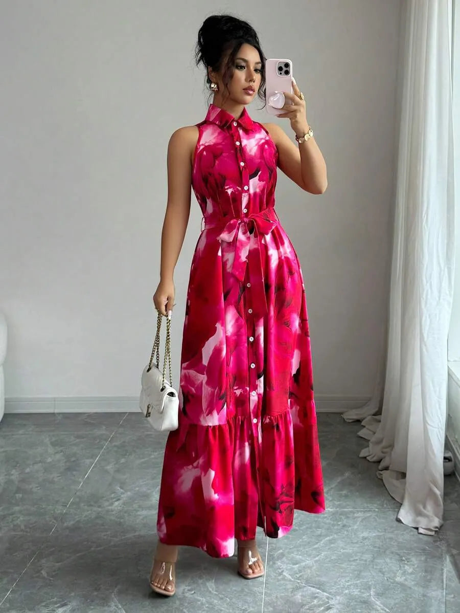 SHEIN Elenzga فستان ماكسي بياقة كشكش وأزرار أمامية وخصر مرتفع بنقشة زهور بلون وردي أحمر