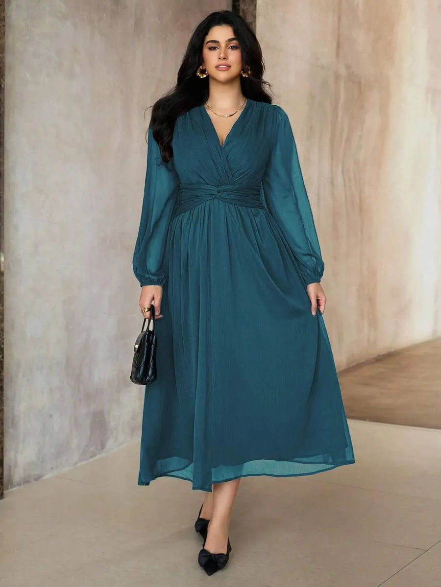 SHEIN Roveilla فستان نسائي بياقة وخصر مجعد وأكمام فانوس بلون أزرق مخضر