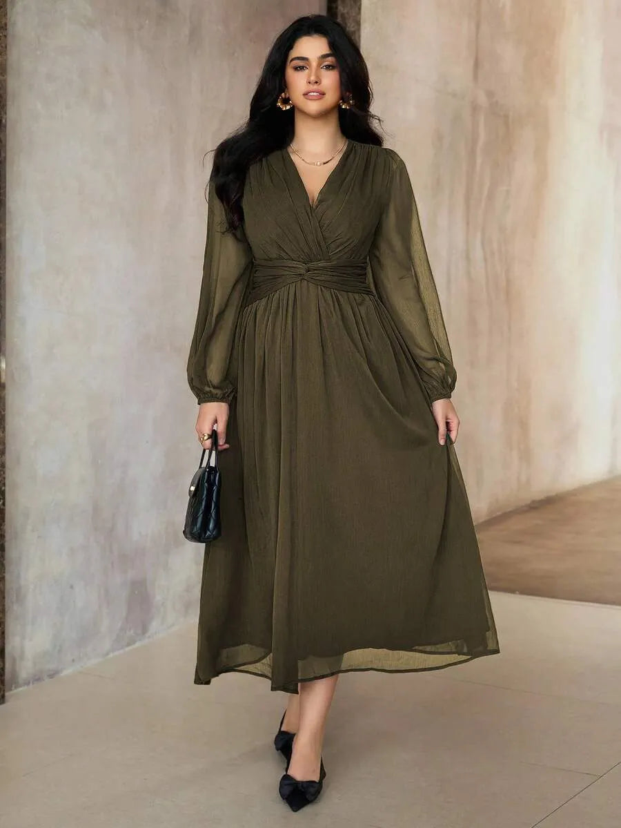 SHEIN Roveilla فستان نسائي بياقة وتفاصيل كشكش وخصر ملتف بلون أخضر عسكري