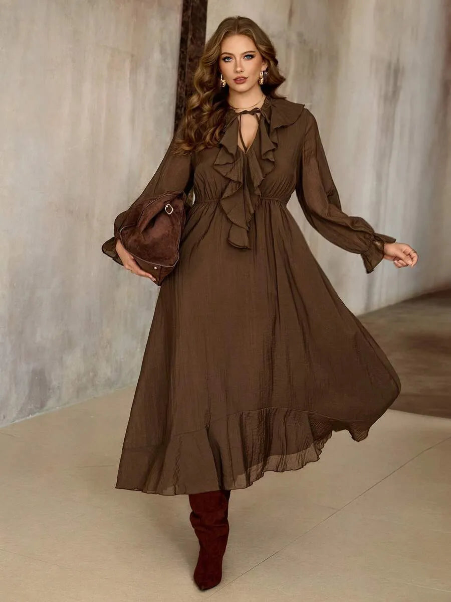 SHEIN Roveilla فستان نسائي بياقة وخصر برباط بلون بني