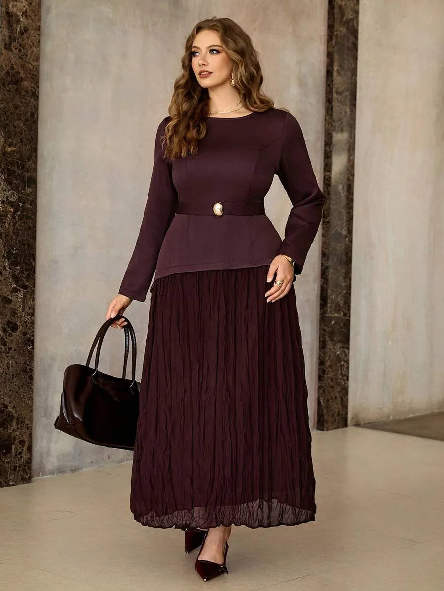 SHEIN Roveilla فستان نسائي طويل بأكمام طويلة وخصر مطوي مع حزام بلون كستنائي