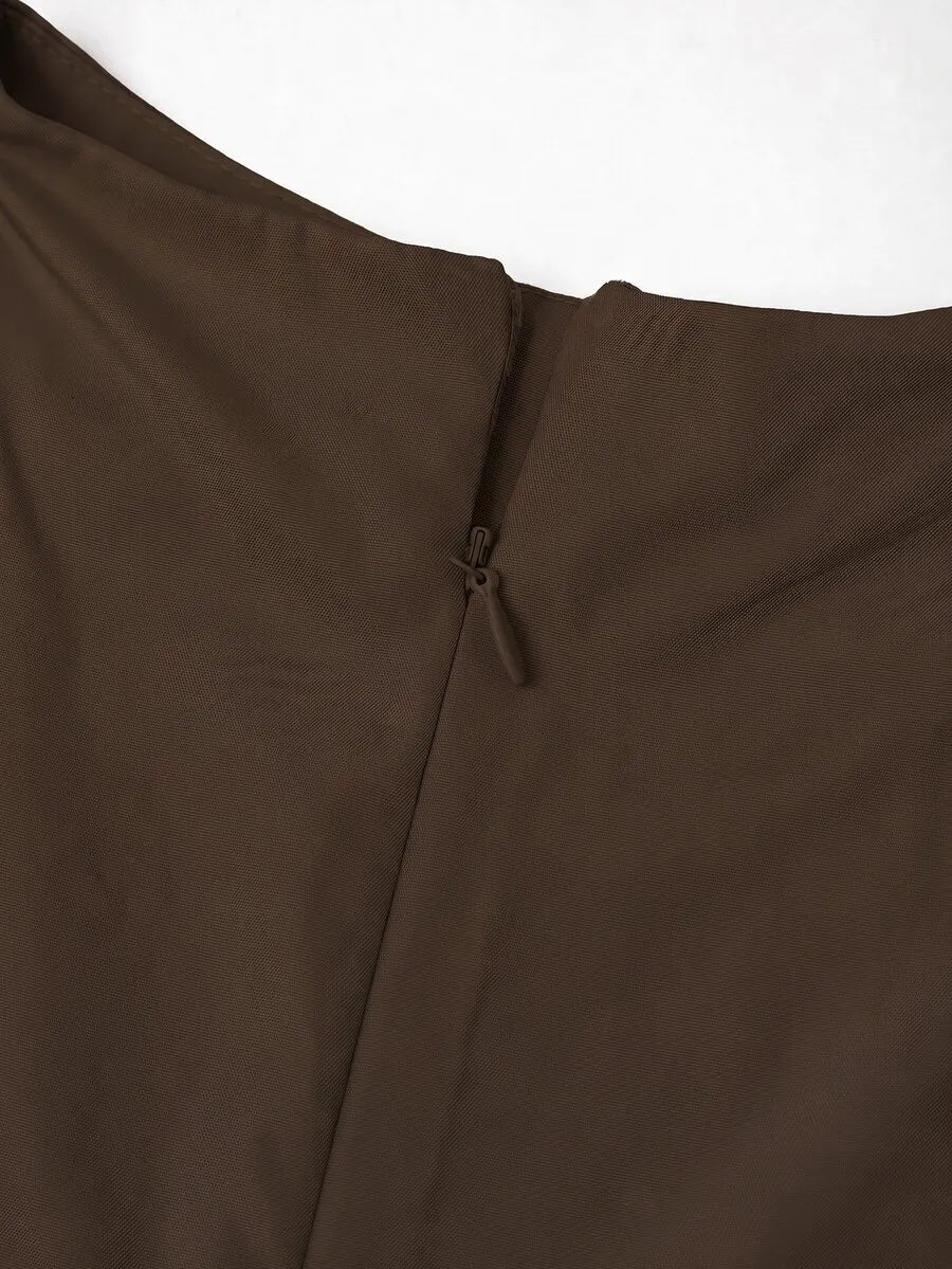 SHEIN Clasi طقم قطعتين بلوزة بياقة واقفة وأكمام جناح الخفاش وتنورة حورية البحر بلون بني قهوة