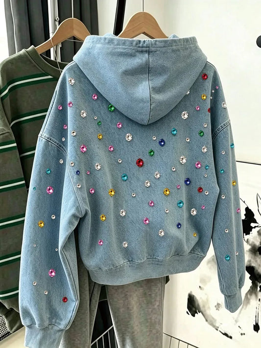 SHEIN Rovax هودي نسائي بطبعة جرافيكية وحجر الراين متعدد الألوان