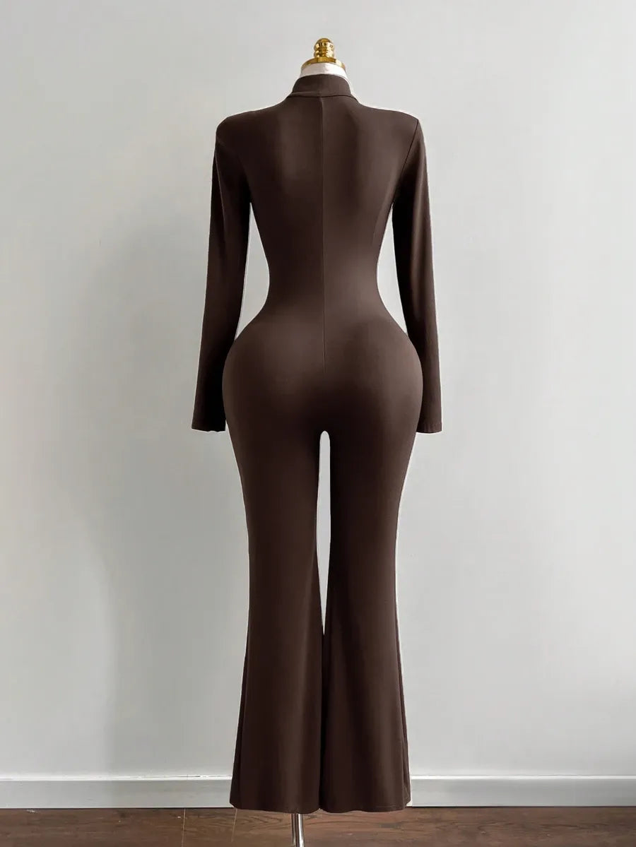 SHEIN Flirla جمبسوت نسائي ضيق بياقة واقفة وسحاب أمامي بلون بني