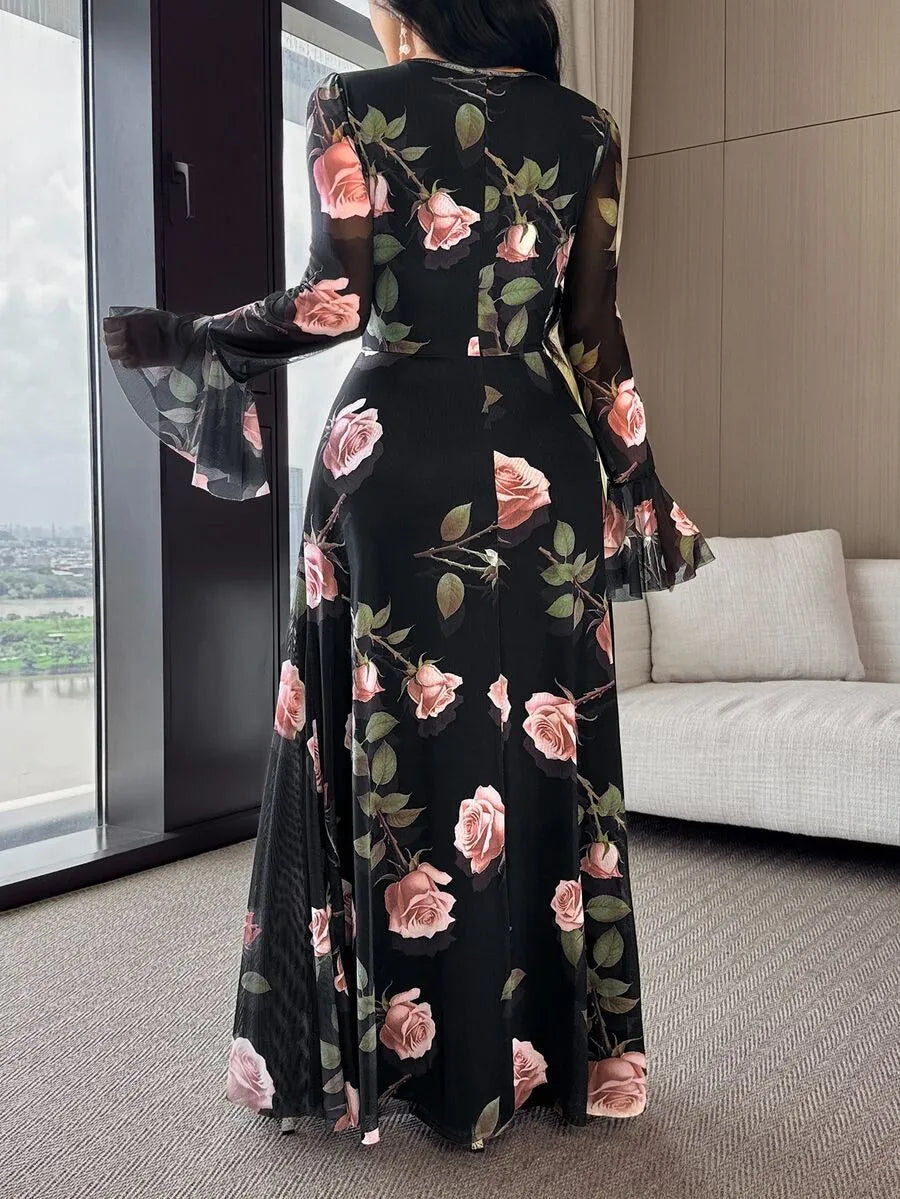 SHEIN Feyla فستان طويل بياقة دائرية وأكمام بات وينج وخصر مرتفع بلون عنابي