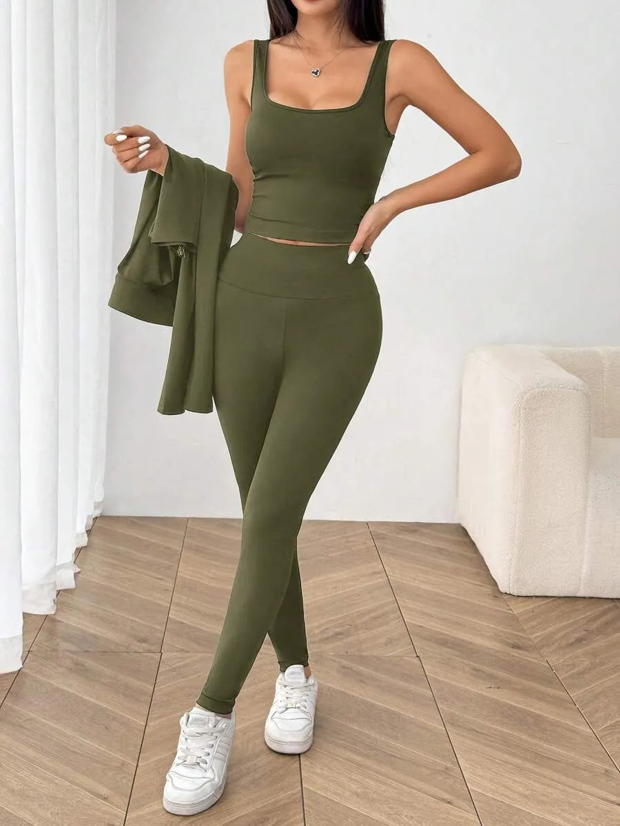 SHEIN EZwear طقم رياضي نسائي 3 قطع جاكيت بسحاب وتوب قصير وليجنز بلون أخضر عسكري