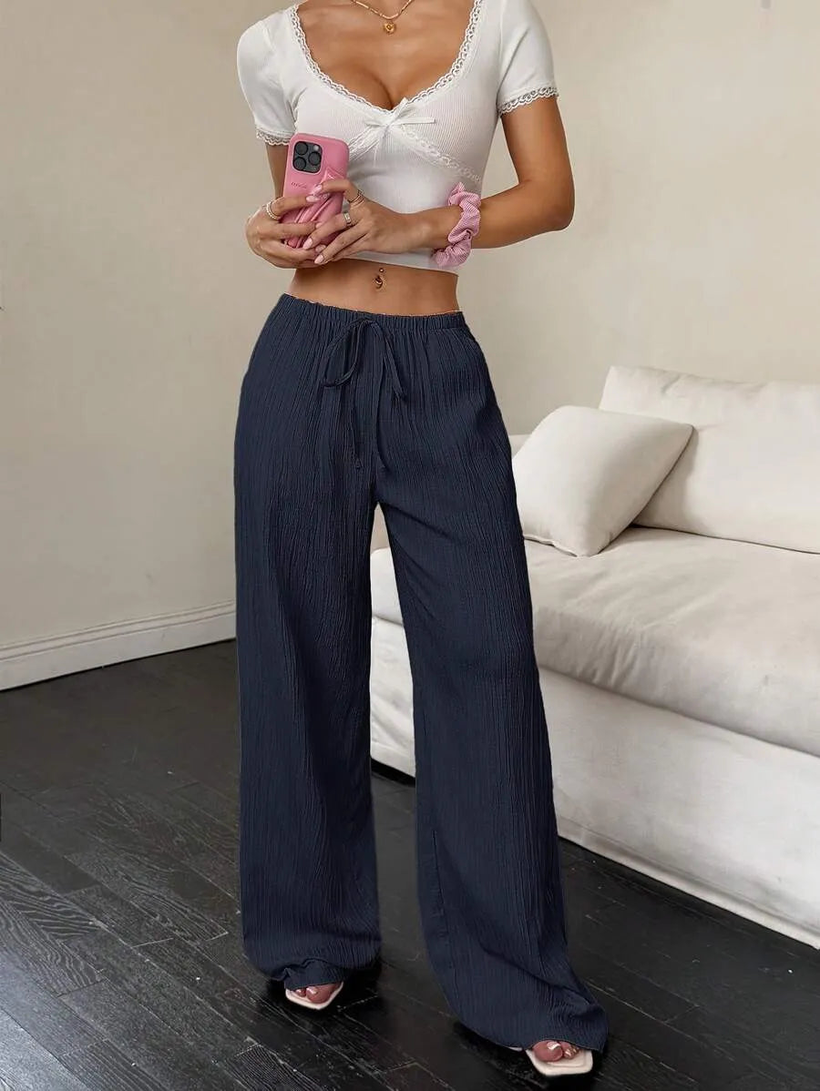 SHEIN Flirla بنطال نسائي فضفاض واسع بخصر منخفض بلون أزرق بحري