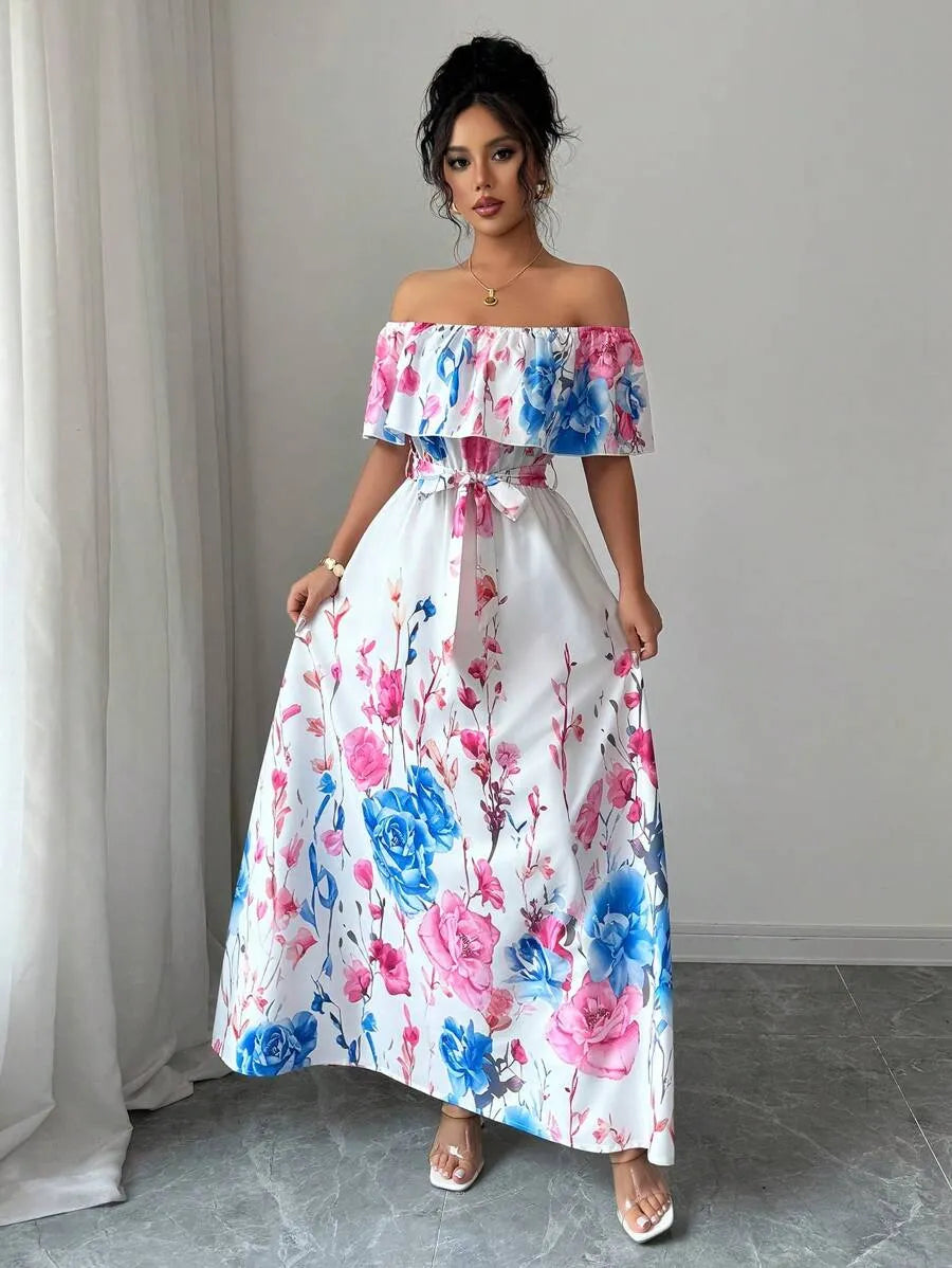 SHEIN Elenzga فستان ماكسي مكشوف الكتفين بأكمام واسعة وخصر مرتفع بنقشة زهور بلون وردي